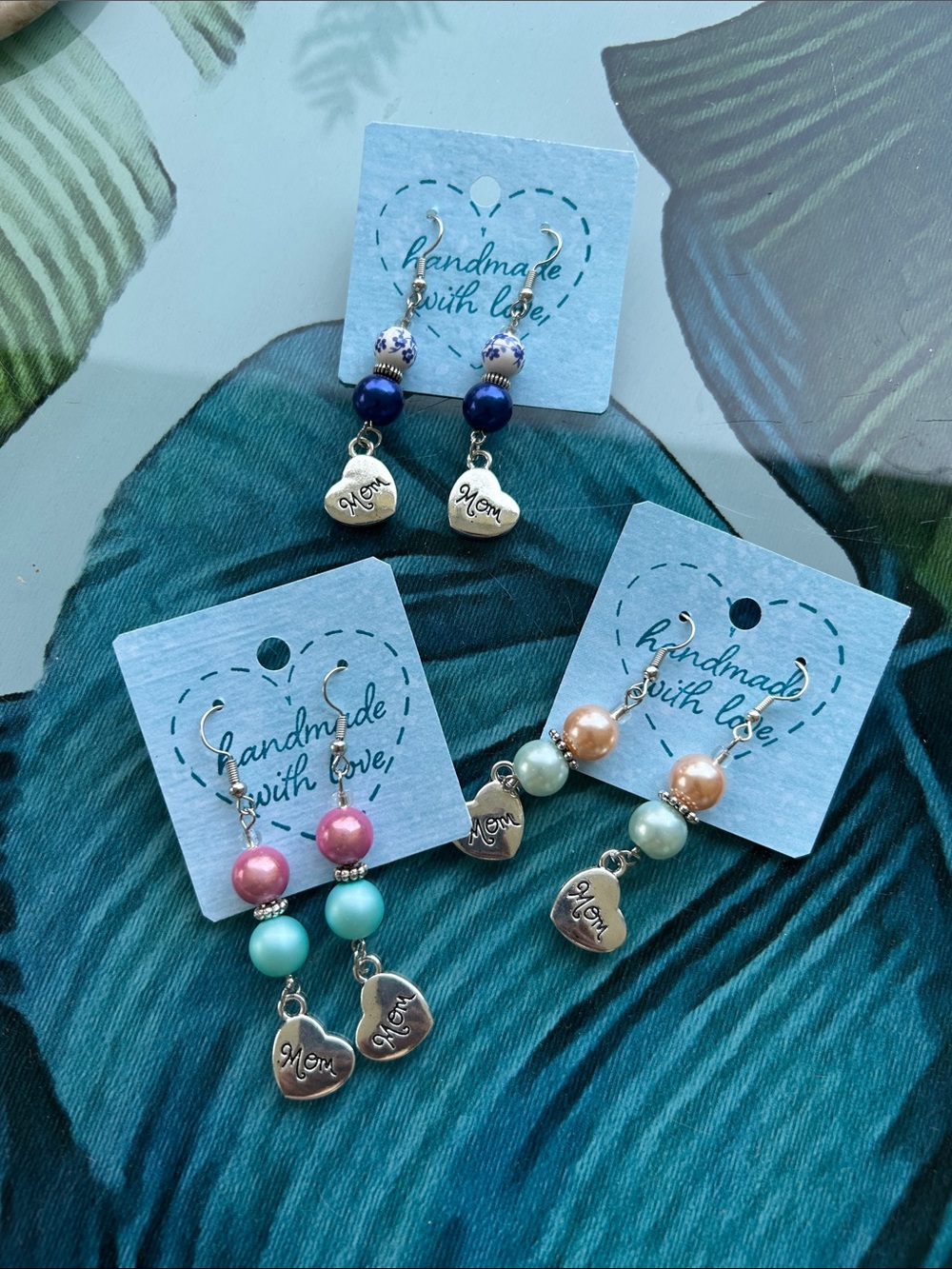 Handmade 'Mom' Heart Drop Earrings — Navy, Pink & Peach Pastel Sets